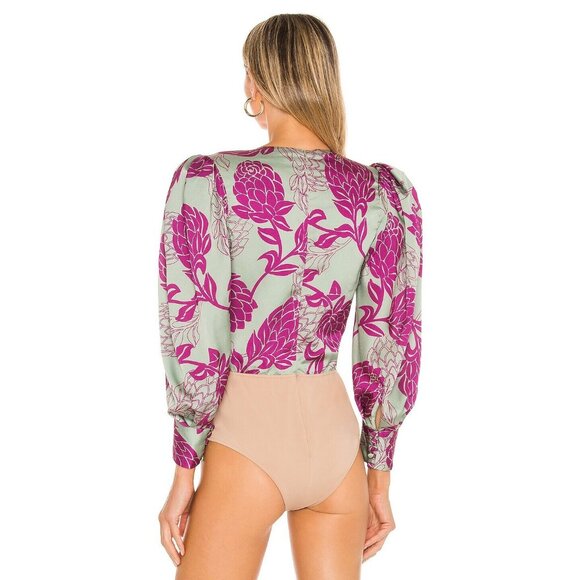 PatBO Celia Print Plunge Bodysuit Aqua Floral Long Sleeve - Picture 4 of 5